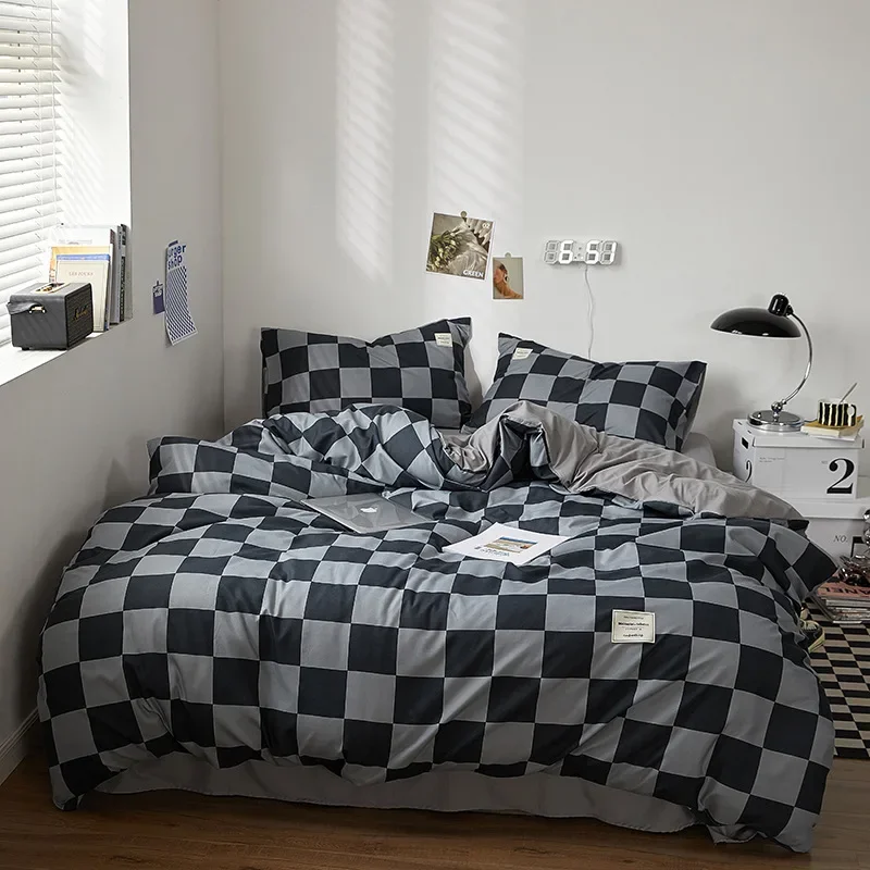 

Grid Plaid Duvet Cover Set Full, Soft 100% Washed Cotton Checkered Comforter Set,Black and White Comforter Cover Bedding Sets