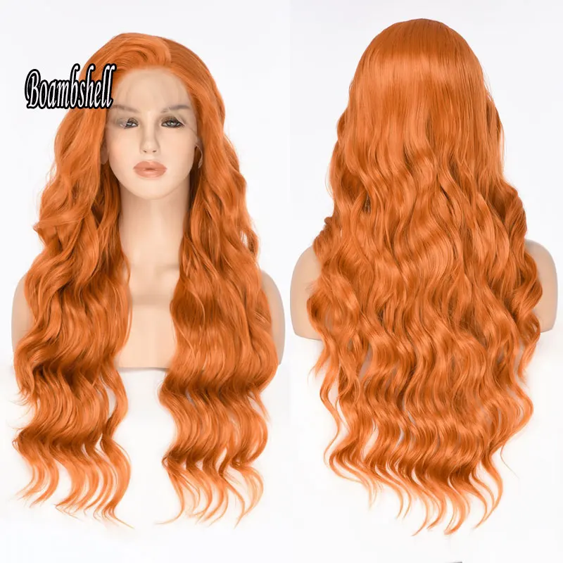 

Bombshell New Style Ginger Orange Ocean Wave Synthetic 13X4 Lace Front Wig Glueless Heat Resistant Fiber Hair For Ladies Cosplay