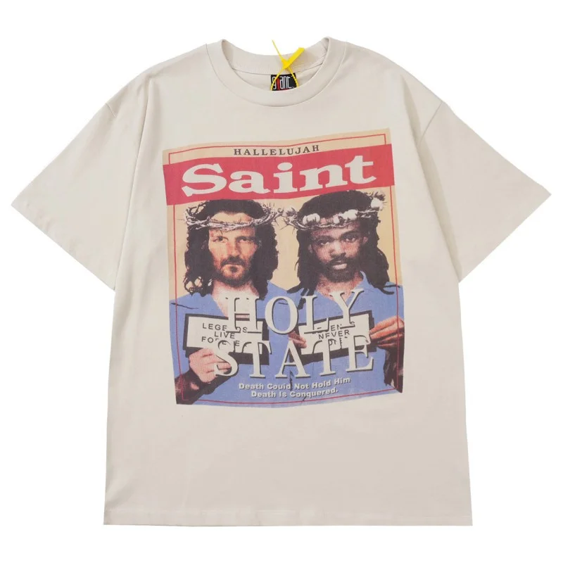 

New Saint Michael Short Sleeve T-shirt Washed Aged Vintage Print Portrait Crew Neck High Quality 1:1 Mens Womens Loose T-shirt