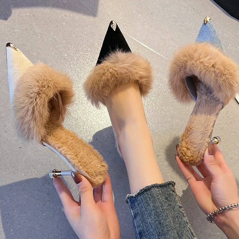 

2023 Women High Heel Shoes Fur Slippers Mules Pointed Toe Furry Slides Fashion Elegant Luxury Designer Flip Flops Noble