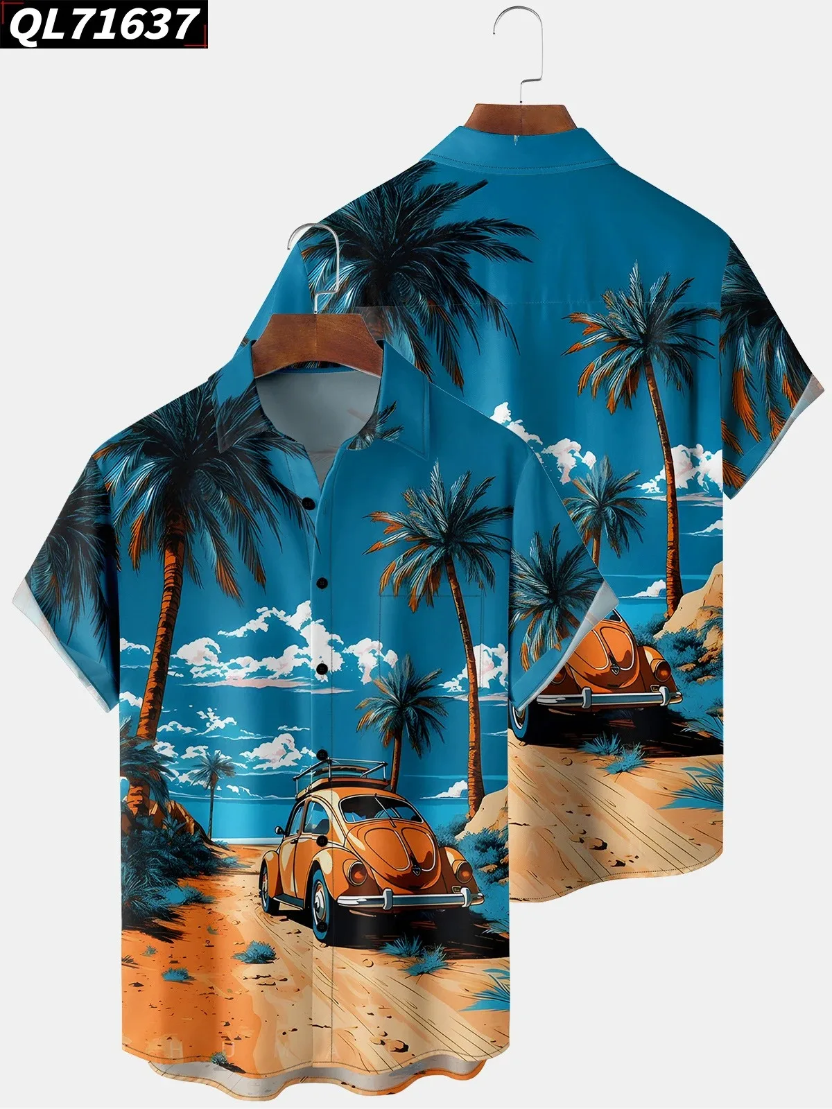 

Summer Hawaiian Shirt Man Casual Beach Vacation Holiday Button Tops Beach Palm Tree Print Surf Shirts High Quality Blue Clothing