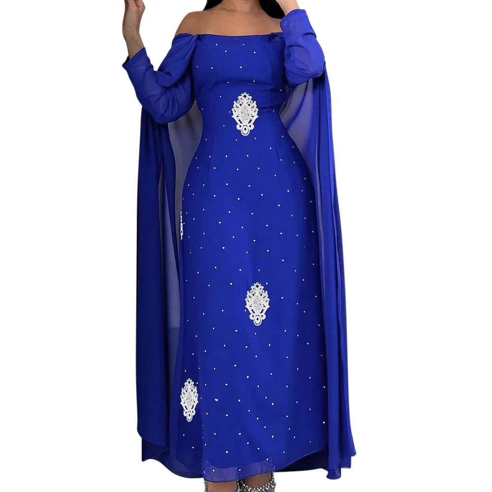 

New Fashion Dubai Cape Sleeve Chiffon Party Dresses Abayas Women Cloak Dress Jalabiya Muslim Kaftan Turkey Evening Gown Djellaba