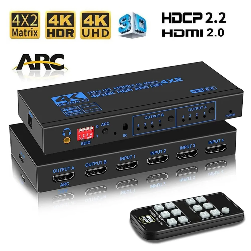 

4K 60Hz HD Matrix 4x2 with Optical & 3.5mm Stereo Audio Out HD-MI Matrix Switcher Splitter 4 In 2 Out Support ARC HDCP 2.2 EDID