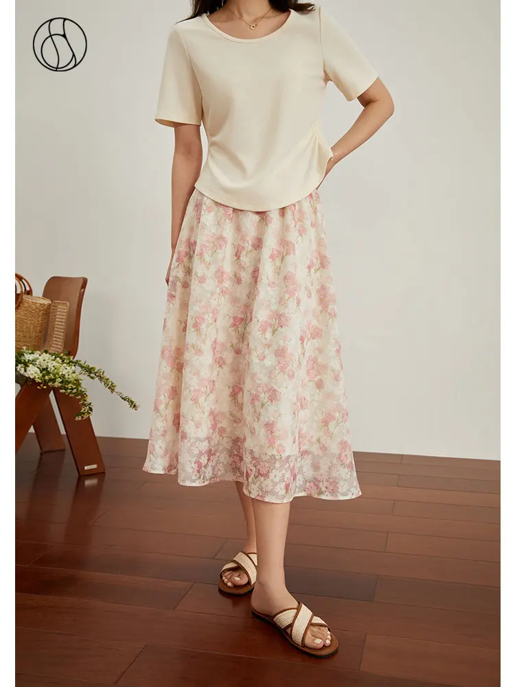 

DUSHU French Gentle High Waist A-LINE Two-Color Umbrella Skirts Summer Thin Women Long Skirts Mid-Calf Chiffon Female Skirts