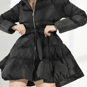 [EAM] 여성용 블랙 붕대 활 코튼 패딩 코트, 긴팔 루즈핏 파카, 패션 타이드, 가을 겨울 2024, WC69101S
