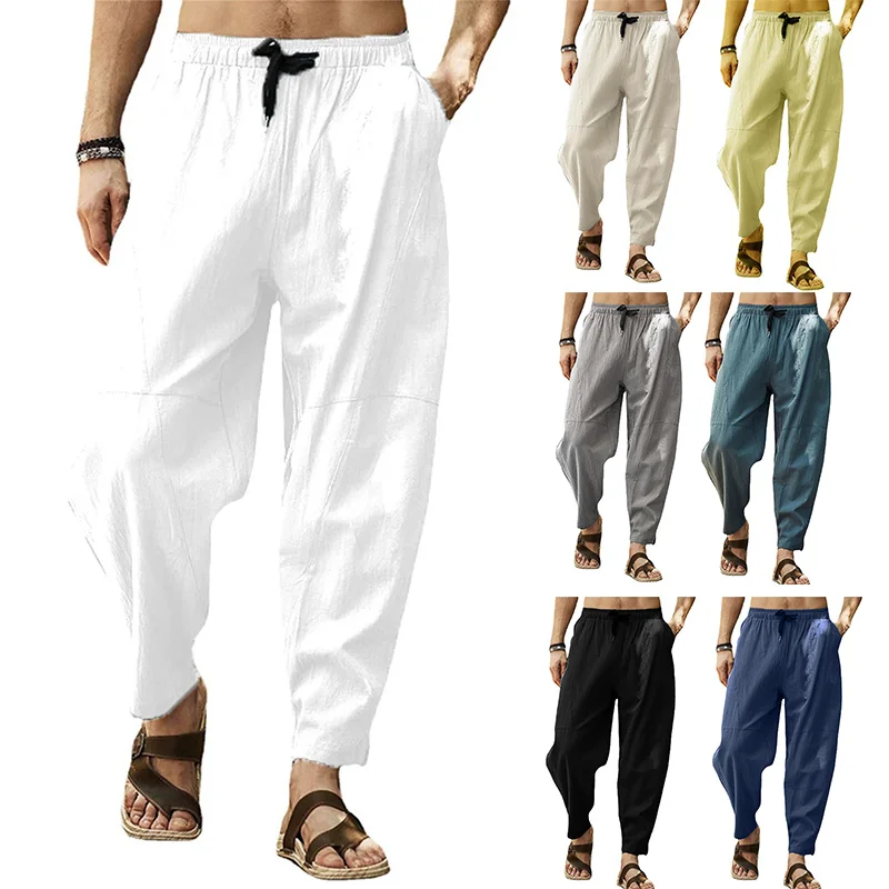 

Cotton Linen Harem Solid Elastic Waist Streetwear Joggers 2024 New Baggy Drop-Crotch Pants Casual Trousers Men
