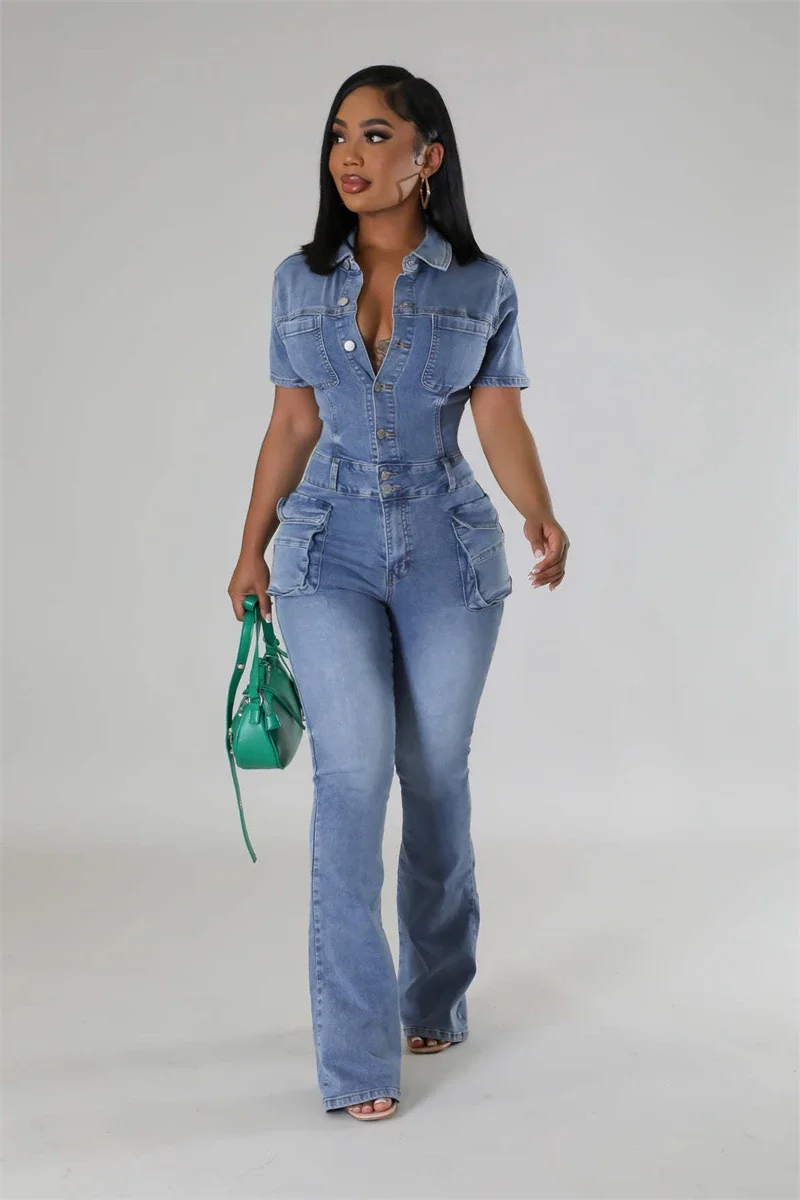 

Fashion Denim Jumpsuits Women Summer Clothes Short Sleeve Bodycon Jean Flare Pants Rompers Playsuits One Pieces Overalls Outfits