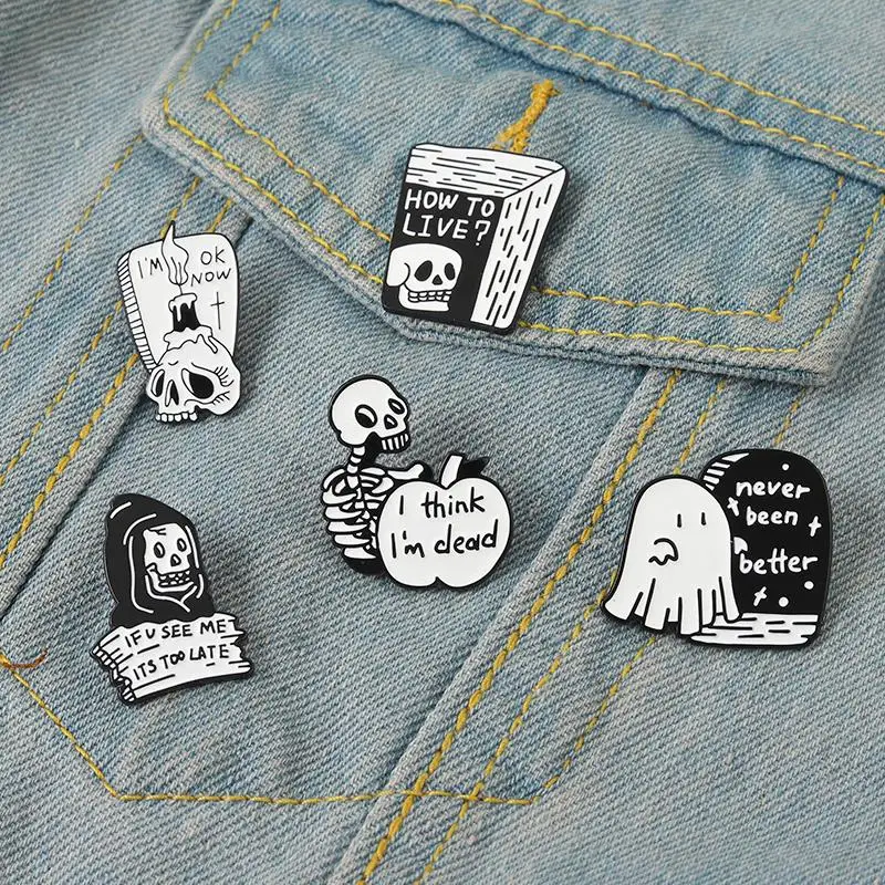 

Black Humor Enamel Pins Custom Boo Ghost Quotes Brooches I Think I'm Dead I'M OK NOW Lapel Badges Gothic Punk Jewelry Gift