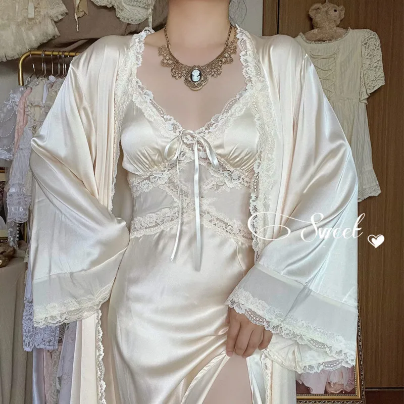 

Nightgown Women Retro Silky Nightdress Sweet French Vintage Leisure Sleepwear Skin-friendly Comfy Nightgowns Home Dressing Gown
