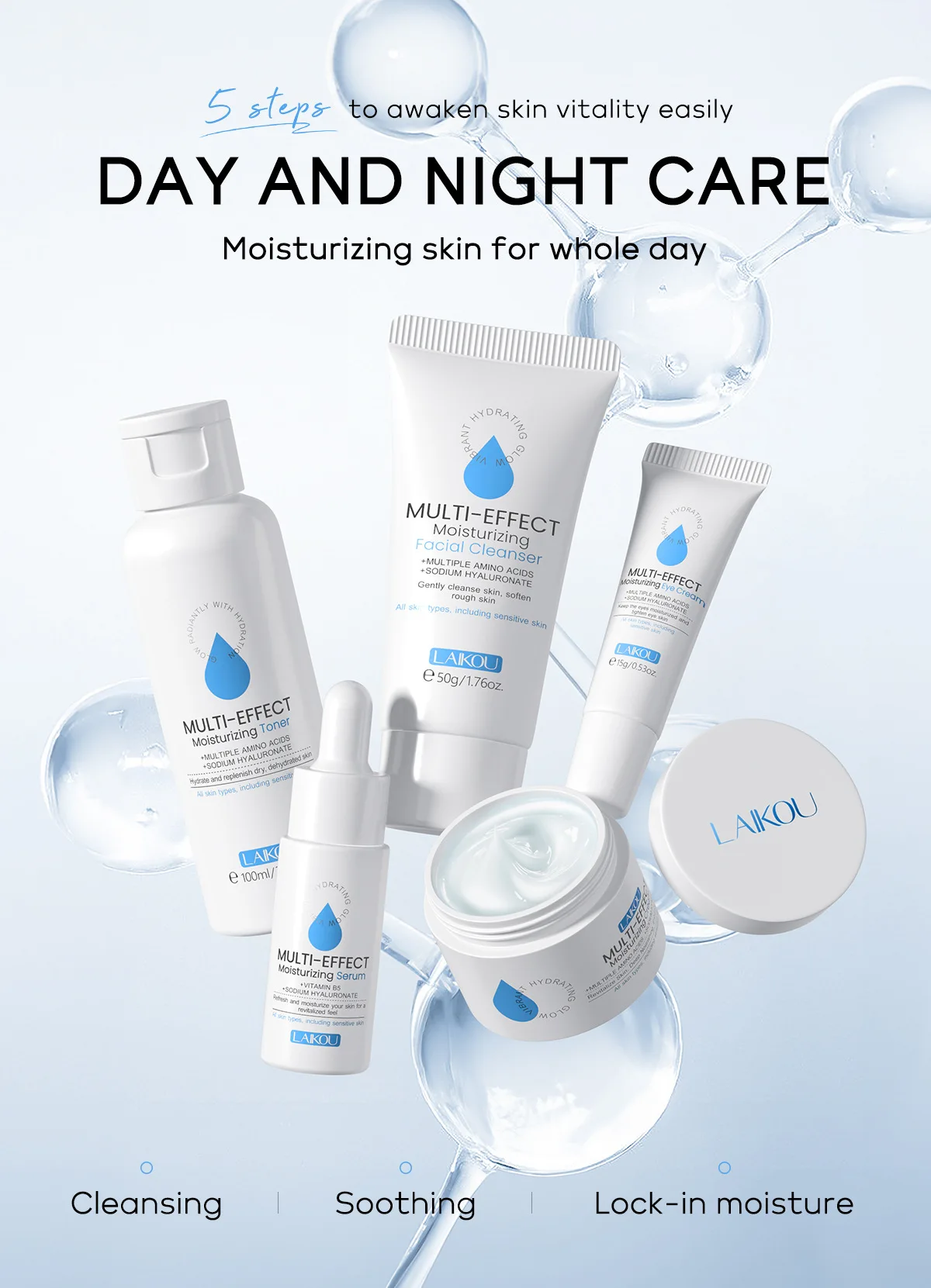 5pcs Multi-Effect Moisturizing Skincare Sets Amino Acids Cleanser Hyaluronic Acid Toner Serum Eye Cream Improve Dry Skin Cream 25 S26a183d5239944c691ced497a2d66da95