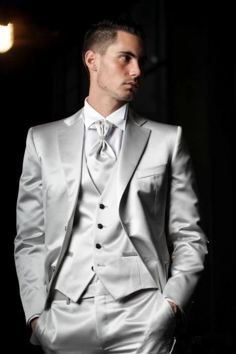 

Italian Sliver Grey Satin Men Suit Formal Wedding Suits For Men Custom Slim Fit Tuxedo 3 Piece Groom Prom Tuxedo Terno Masculino