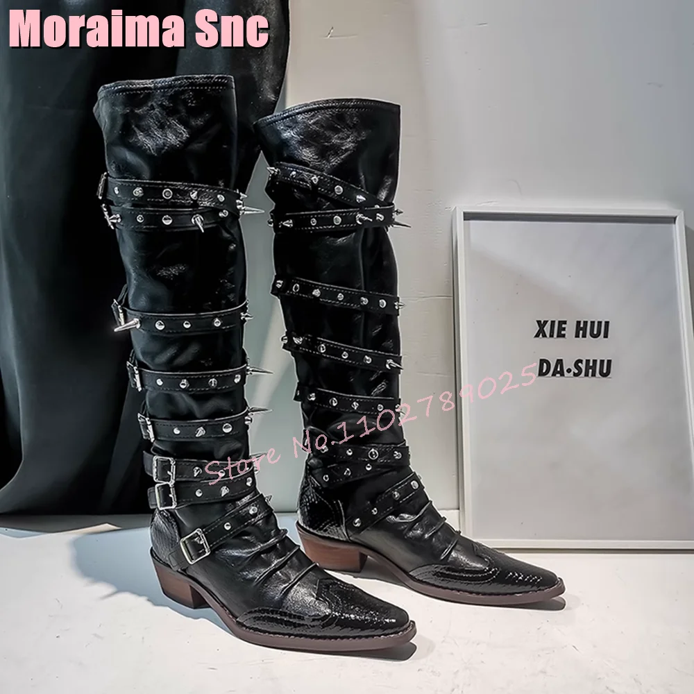 Rivet Belt Buckle Pointed Toe Long Boots Block Mid Heel Slip On Black Punk Style Women Knee High Boots Fashion Autumn Winter New
Rivet Belt Buckle Pointed Toe Long Boots Block Mid Heel Slip On Black Punk Style Women Knee High Boots Fashion Autumn Winter New