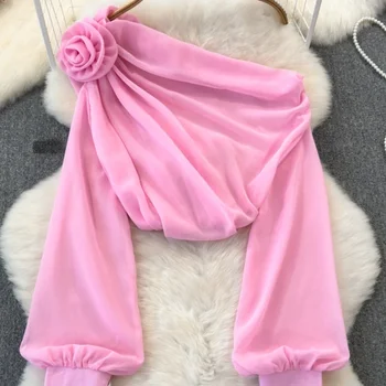 Blusas Casuais de Verão: Uma Toque de Elegância e Conforto 8 2024 New Summer See Through Blouse Off Shoulder Pink Women Tops France Lantern Sleeve 3D Floral Fashion Office Lady Chiffon Tops