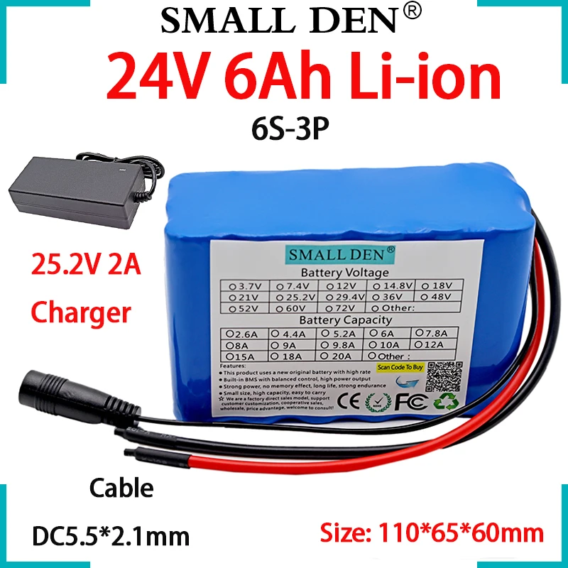 New 24V 6Ah 18650 6S3P Lithium Battery Pack 350W 6000mAh Built-in BMS Electric bicycle Moped Motor Li-ion Cells+25.2V 2A Charger
New 24V 6Ah 18650 6S3P Lithium Battery Pack 350W 6000mAh Built-in BMS Electric bicycle Moped Motor Li-ion Cells+25.2V 2A Charger