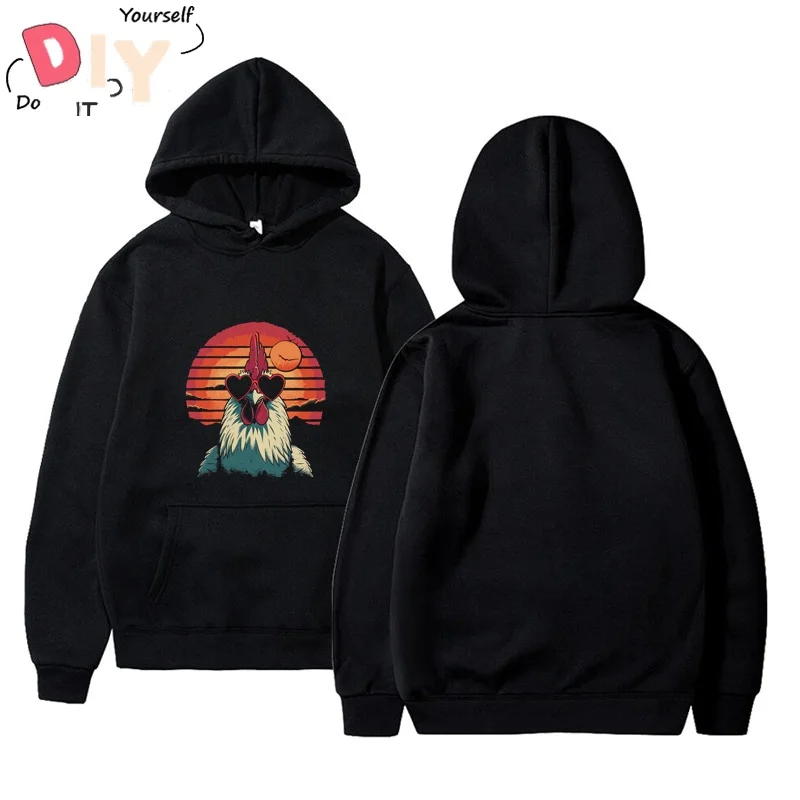 

Design Graphic Of A Synthwave Chicken Wearing Heart Shaped Sunglasses Hoodie Men Viral Cotton Fashion Putih Half Sleeve