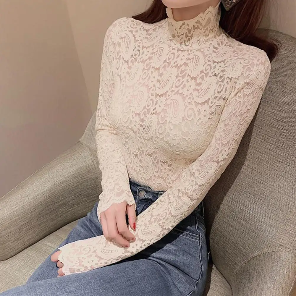 

Charming Basic Top Anti-fade Elegant Female Slim Floral Lace Top Perspective Stretchy Bottoming Top Streetwear