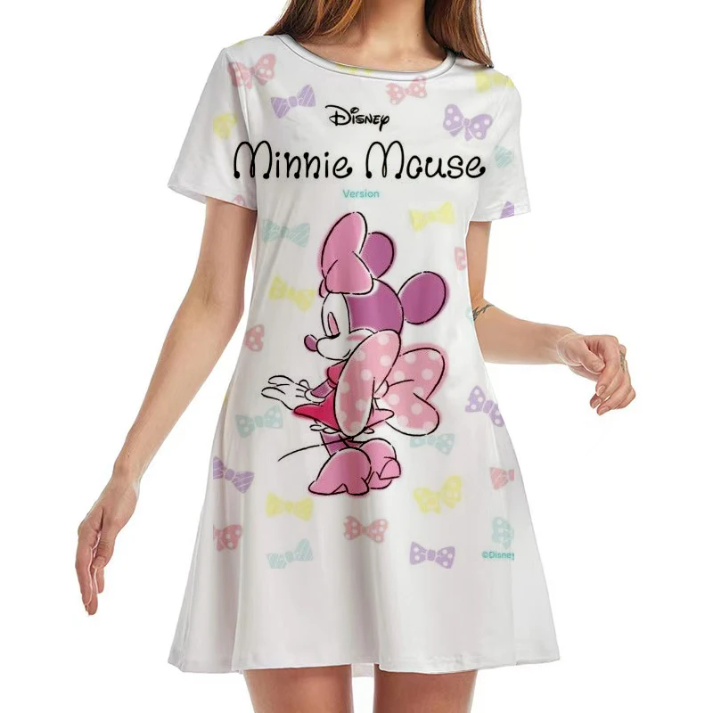 

New Disney Minnie Mouse Anime Print Summer 2022 Ladies Sexy Round Neck Boho Beach Dress Ruffle Short Sleeve Mini Dress Y2K