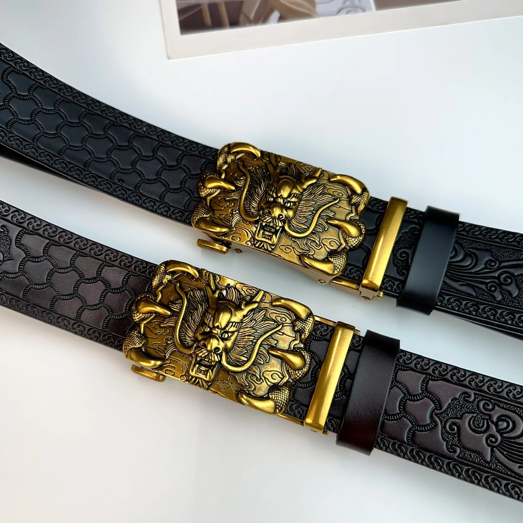 

New Tang Grass Pattern Craft with Genuine Leather Men's Automatic Pant Belt Embossed Cowhide Belt