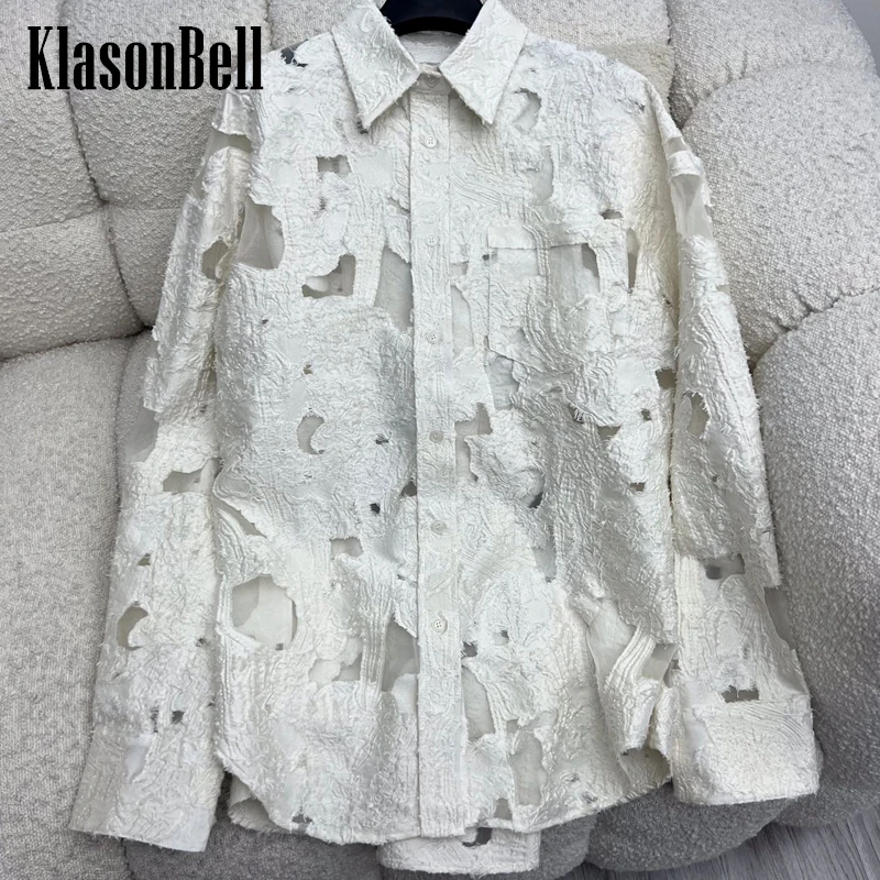 

3.25 KlasonBell 2024 New Distressed Jacquard Blouse Fit Women's Sheer Mesh Spliced Lapel Collar Long Sleeve Casual Shirt