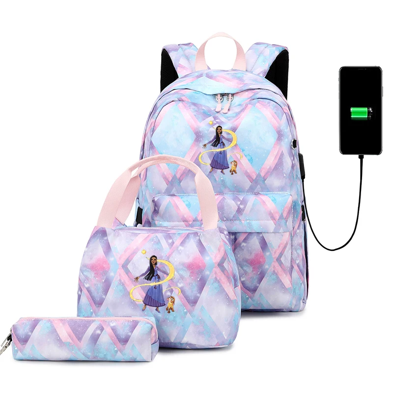 

3pcs Disney Wish School Bags For Teenager Women Men USB Charging Travel Backpack Mochila Casual Book Bags Sets