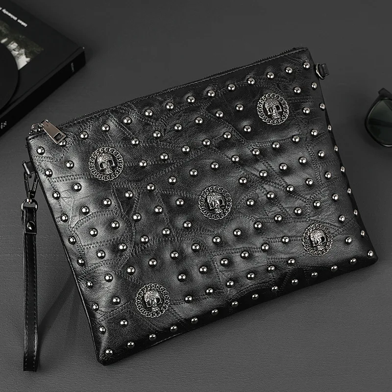 

New Arrival Men's Horizontal Envelope Clutch Bag Rivet Ghost Head Wrist Bag Single Shoulder Bag