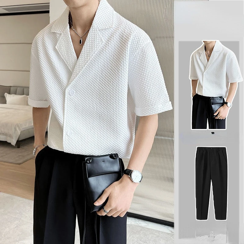 Korean Style Men's Set Shirts and Trousers Solid Thin Short Sleeve Top Summer 2 Piece Set Fashion Oversized Clothing Man T146
Korean Style Men's Set Shirts and Trousers Solid Thin Short Sleeve Top Summer 2 Piece Set Fashion Oversized Clothing Man T146