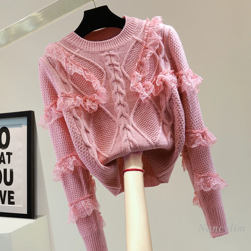 

Short Pink Sweater Lady Lace Ruffled Long-Sleeved Sweater for Women Autumn Winter Korean Style High Waist Twist Round Neck Pulls