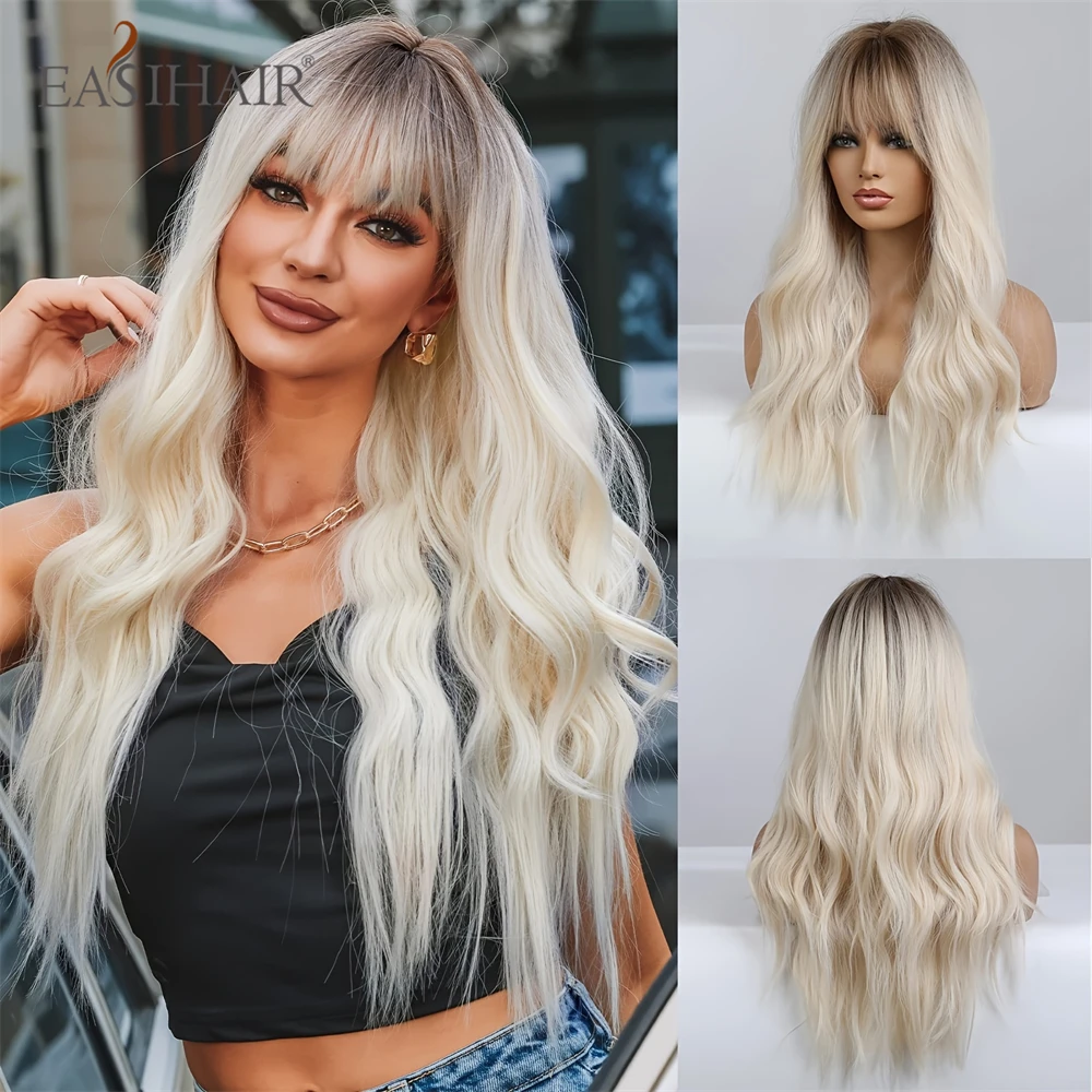 

Light Blonde Platinum Synthetic Wigs Long Wavy Ombre Wigs with Bangs for Women Daily Cosplay Party Natural Heat Resistant Fiber