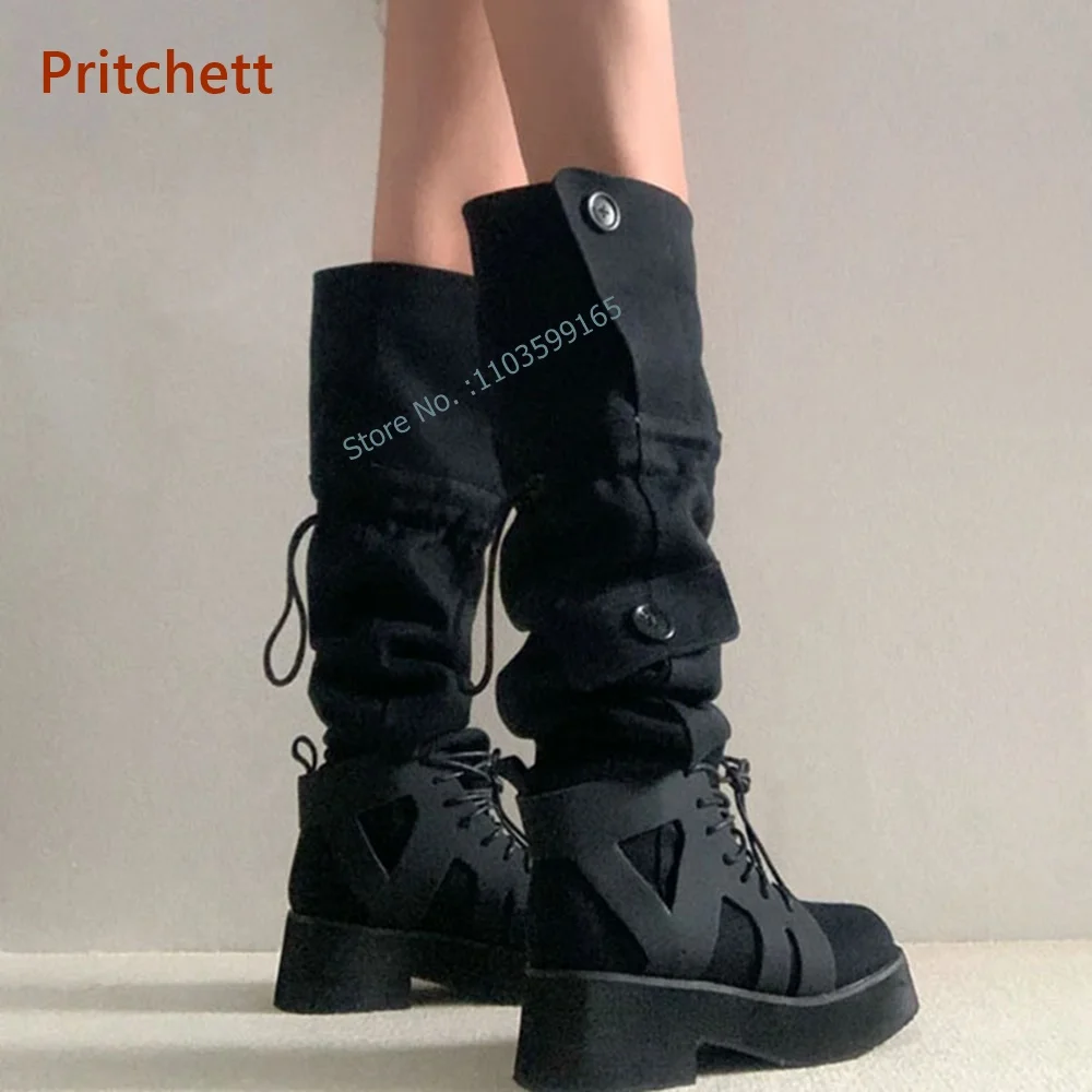 

solid drawstring button knee high boots thick soled square toe women's Mountaineering boots winter lace up patchwork shoes