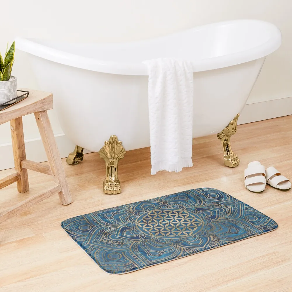 

Flower of Life in Lotus Mandala - Blue Marble and Gold Bath Mat Absorbent Rug House Interior Entrance Mat