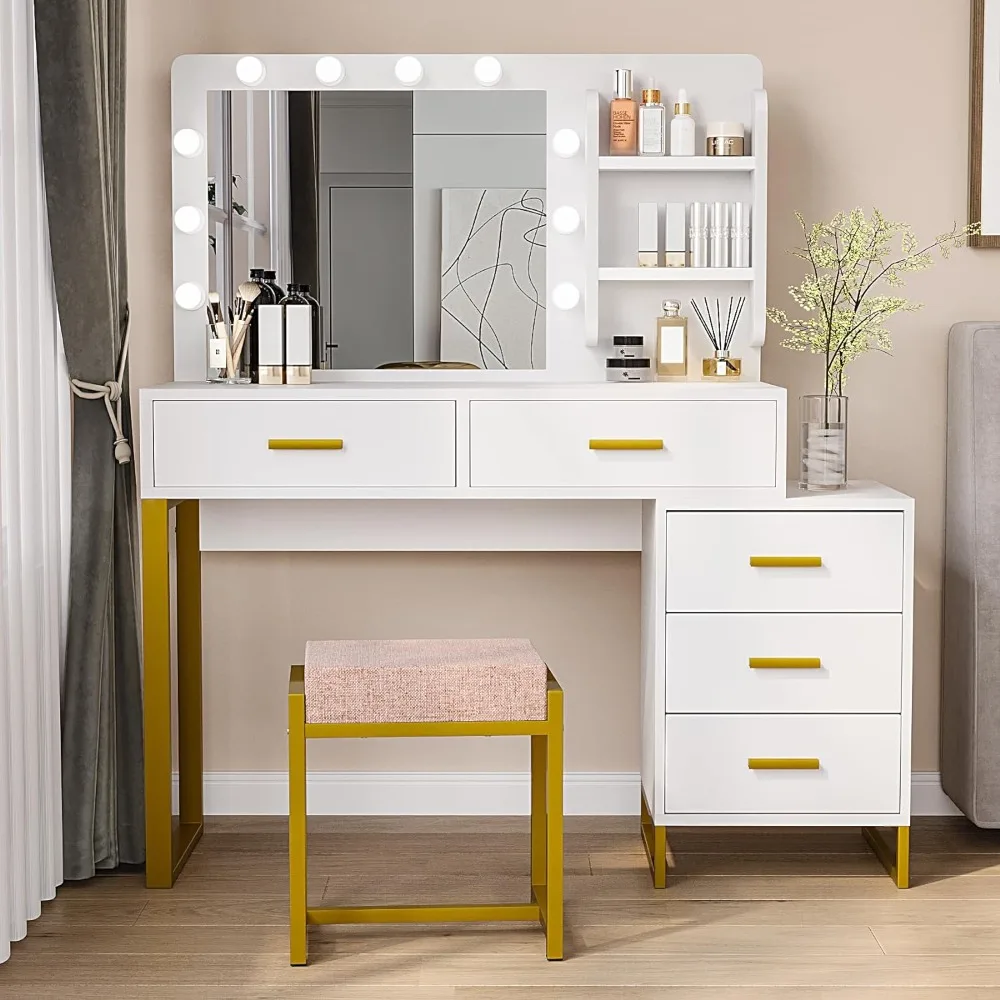 Vanity Desk with LED Lights Mirror, 2 Open Shelves, Dressing Tables with 3-Drawer Chest, Vanity Desk
Vanity Desk with LED Lights Mirror, 2 Open Shelves, Dressing Tables with 3-Drawer Chest, Vanity Desk