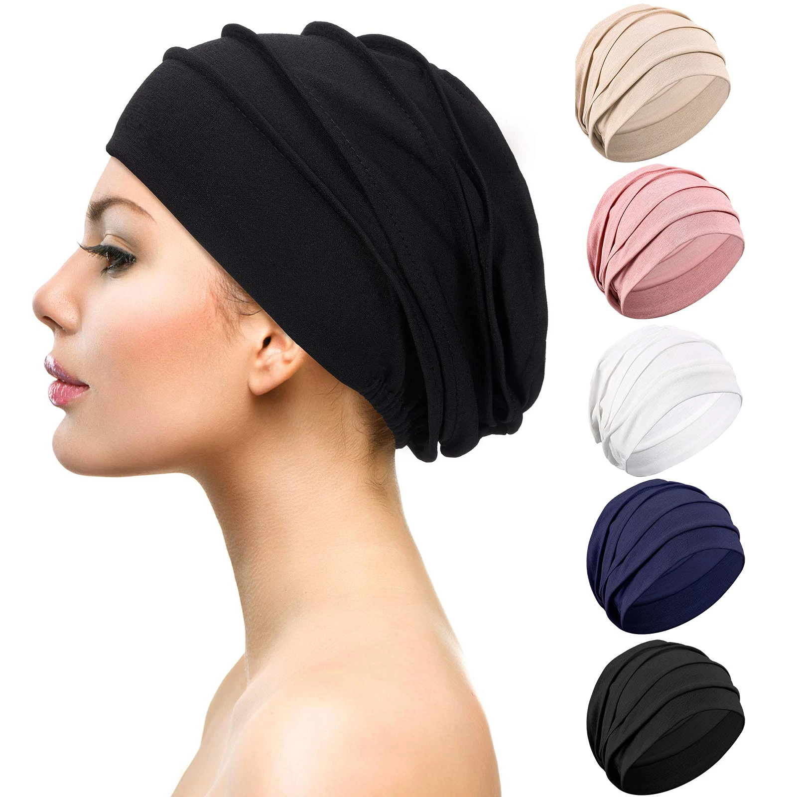 

Fashion Women Soft Elastic Sleep Cap Slouchy Beanie Bonnet Hat Solid Color Hijab Hair Loss Chemo Skull Caps Lady Headwear