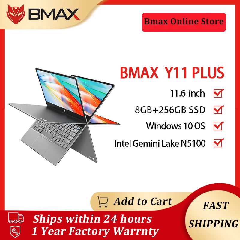 Ноутбук BMAX Y11 Plus 15 6-дюймовый сенсорный экран 11 6 градусов Intel N5100 8 ГБ ОЗУ 360 Гб SSD Windows
