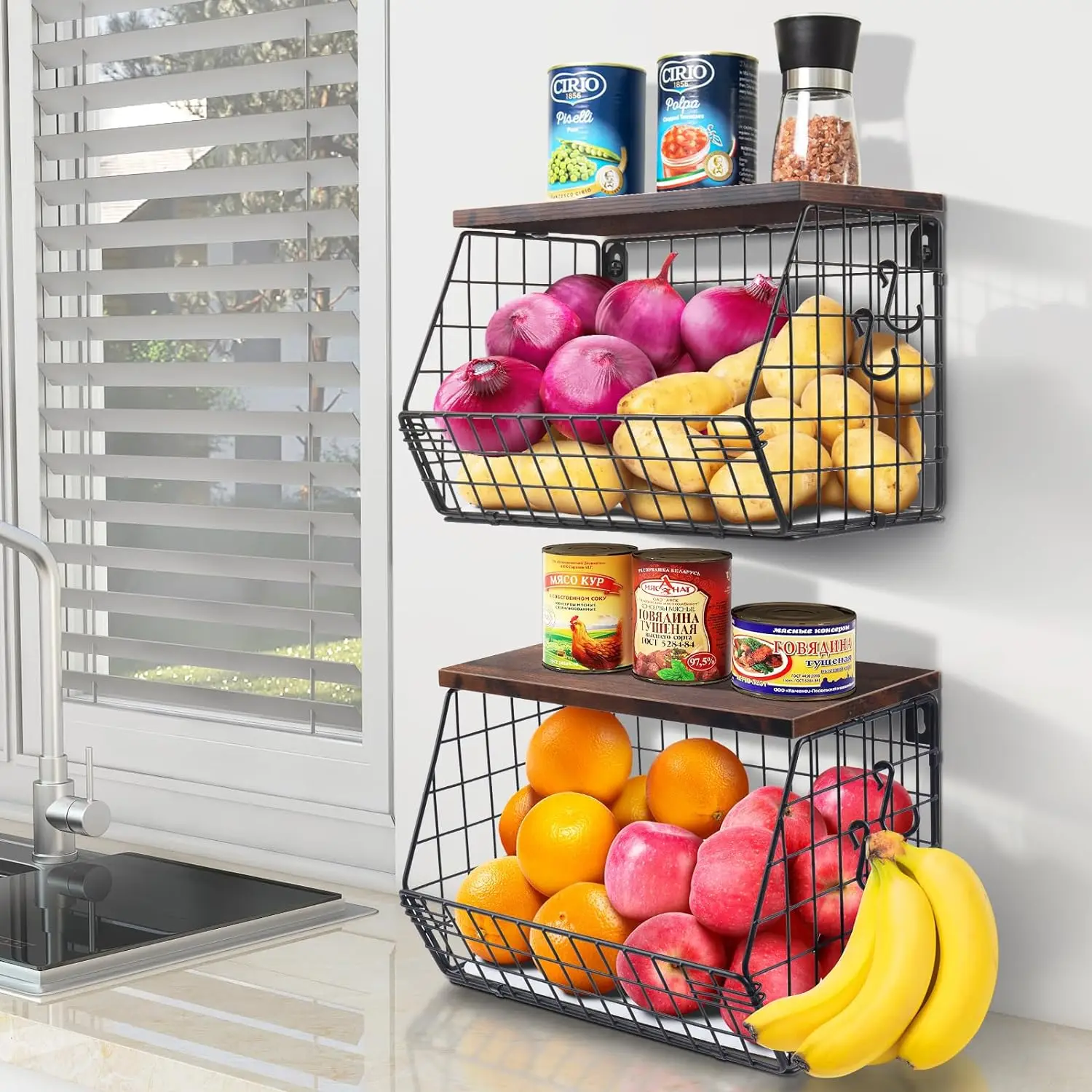 

Mefirt 2pcs Fruit Basket Kitchen Storage Wire Baskets with Wood Lid, Stackable Wall-Mounted Countertop Kitchen Counter Organizer