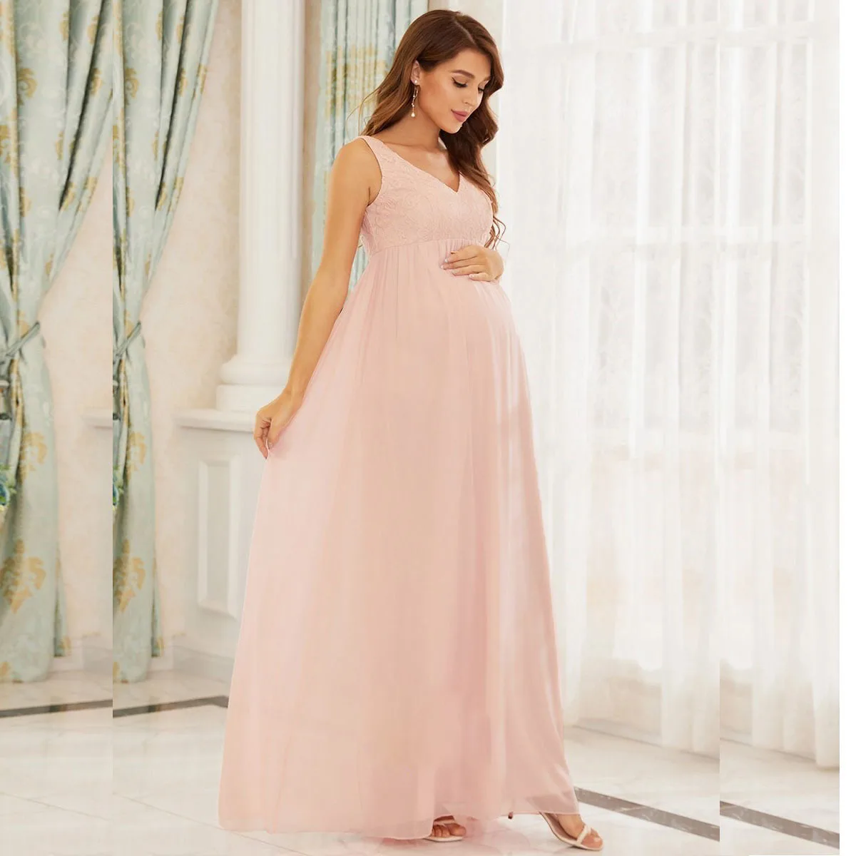

Women's Chiffon Maternity Gown For Photoshooot V-Neck A-line Ruched Summer Maternity Dresses Bridesmaid Formal Prom Dresses