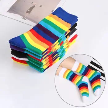 여성용 캐주얼 코튼 양말, 레인보우 스트라이프 긴 양말, 스트리트 스케이트, 신축성 땀, 스포티 레트로 하라주쿠 상품 이미지