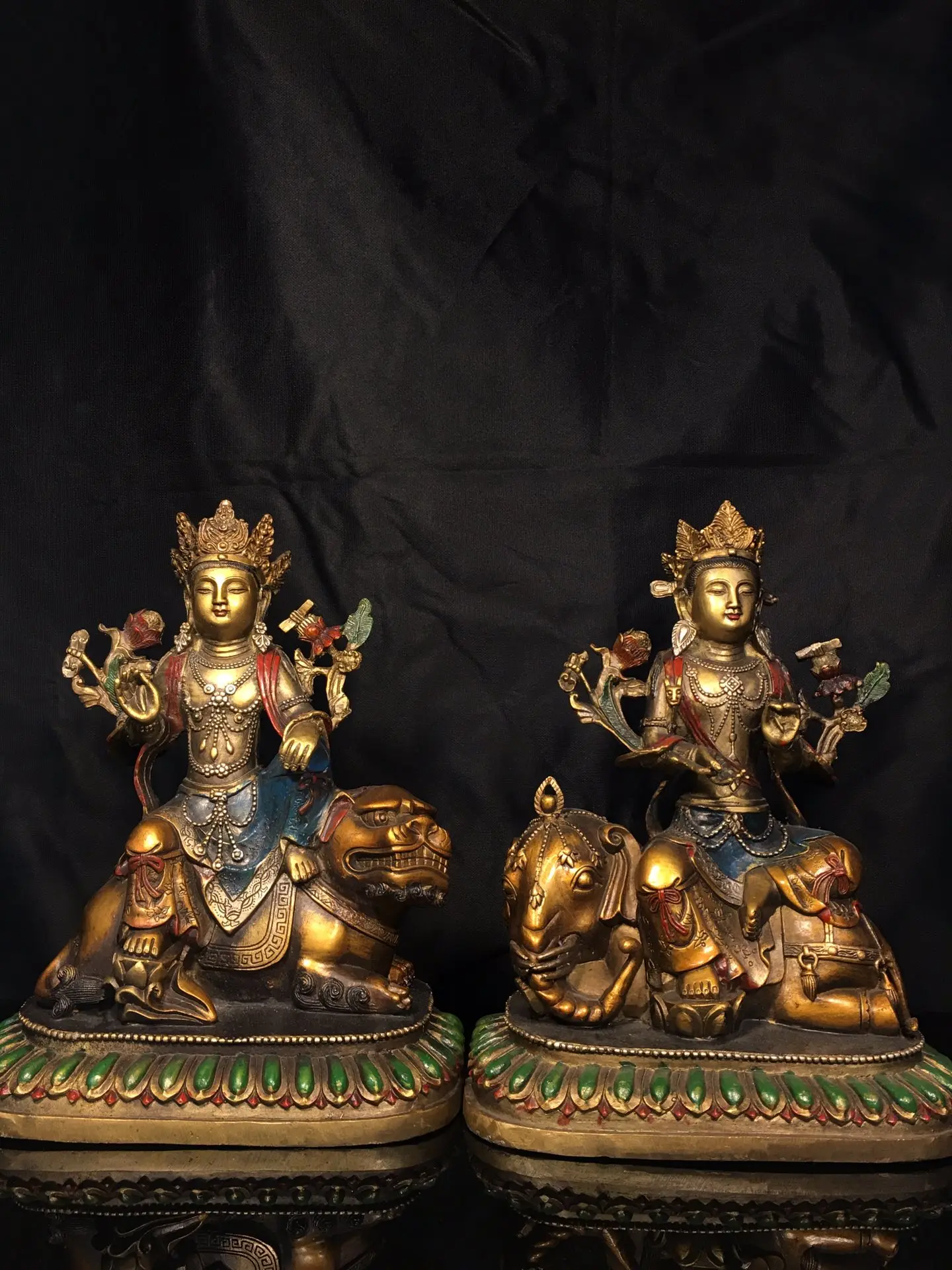 

10"Tibetan Temple Collection Old Bronze Gilded Painted Manjushri Samantabhadra Sitting Buddha A Set Worship Hall Town house