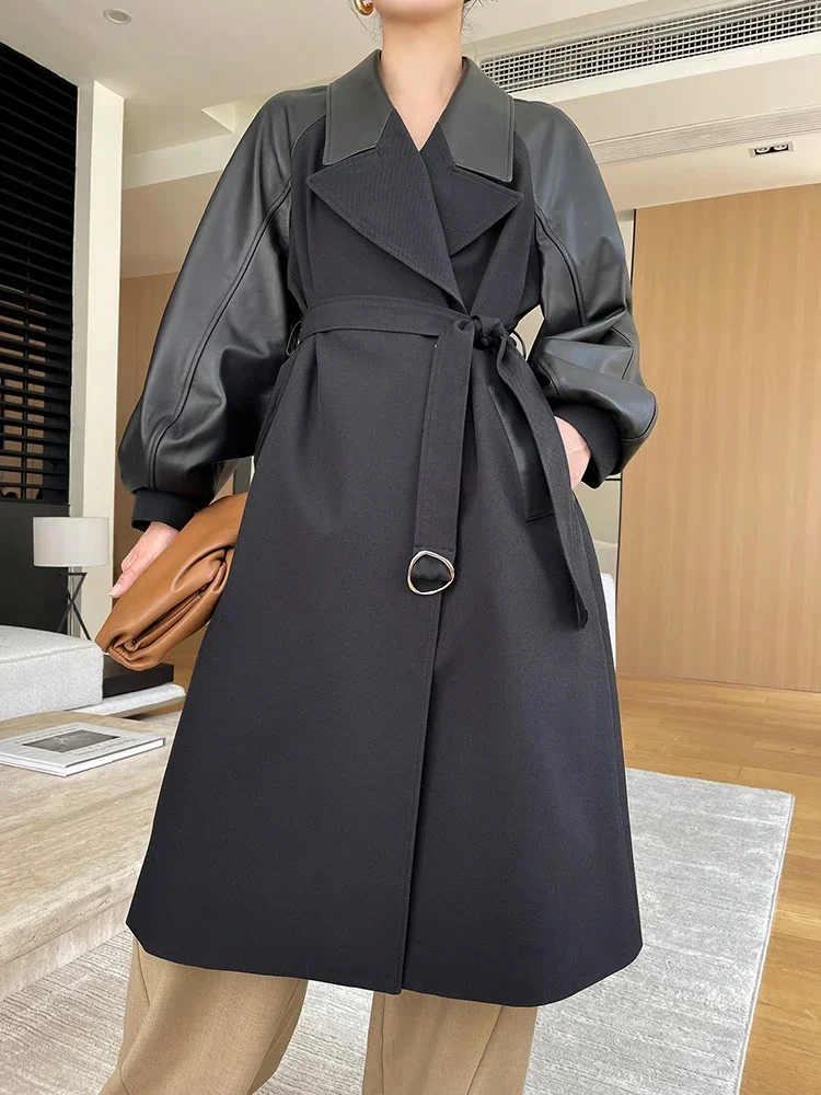 

Sheepskin Patchwork Trench Coat for Women Autumn Winter 2024 Trend Notched Collar Elegant Long Genuine Leather Jacket with Belt