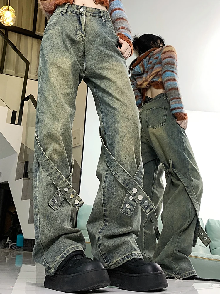 

2024 Woman Washed High Waist Spliced Casual Vintage Wide Leg Pants Female Patchwork Blue High Street Designer Straight Leg Jeans