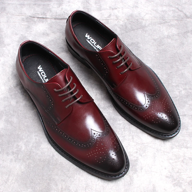 

Luxury Men Oxford Dress Shoes Italian Burgundy Black Genuine Leather Pointed Toe Lace Up Wedding Office Formal Brogue Shoes