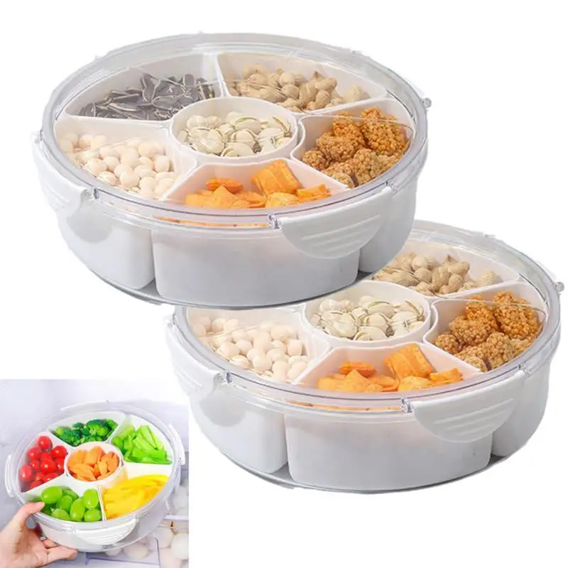 

Разделенная сервировочная коробка для хранения закусок, емкость для фруктов с 5 отделениями, круглый пластиковый Разделенный сервировочный поднос с крышками