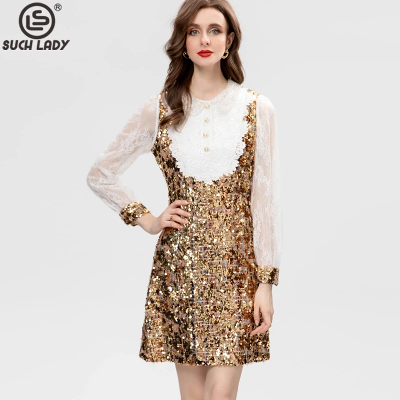 

Women's Runway Dresses Peter Pan Collar Long Sleeves Embroidery Lace Patchwork Sequined A Line Fashion Short Vestidos