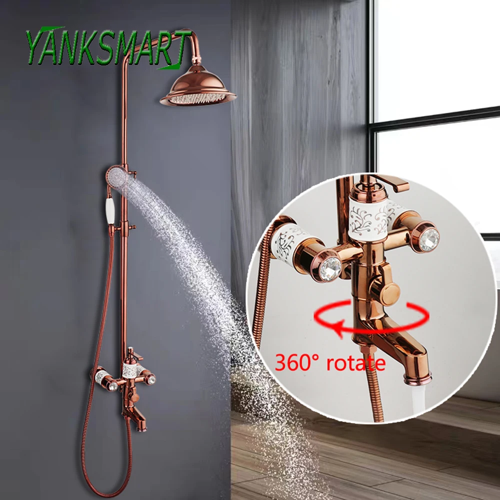 

YANKSMART Rose Gold Bathroom Shower Faucet Set Wall Mounted Mixer Faucet Rainfall Shower Head 2 Handles Faucets Combo Kit