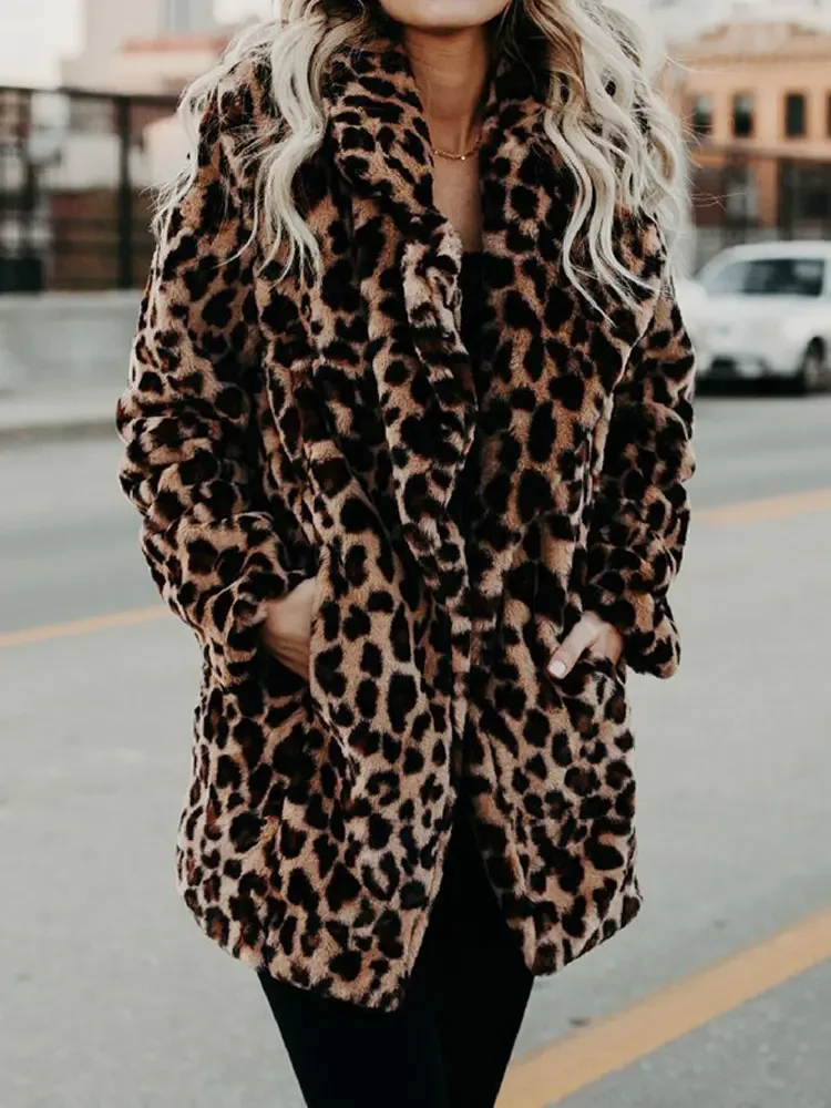 

Осеннее леопардовое пальто из искусственного меха, женское длинное зимнее пальто, женская теплая меховая куртка, женское плюшевое пальто, верхняя одежда