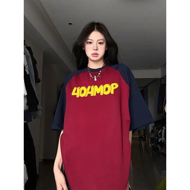 

American summer new raglan letter short-sleeved T-shirt for men and women loose splicing contrasting color half-sleeved ins tops