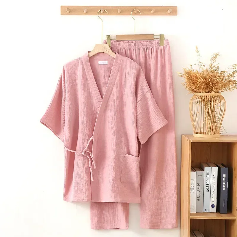 

With Couple Top Set Women's Cotton Comfortable Trousers Stylish for Crepe Short-sleeved Loungewear Perfect Gauze Pajama