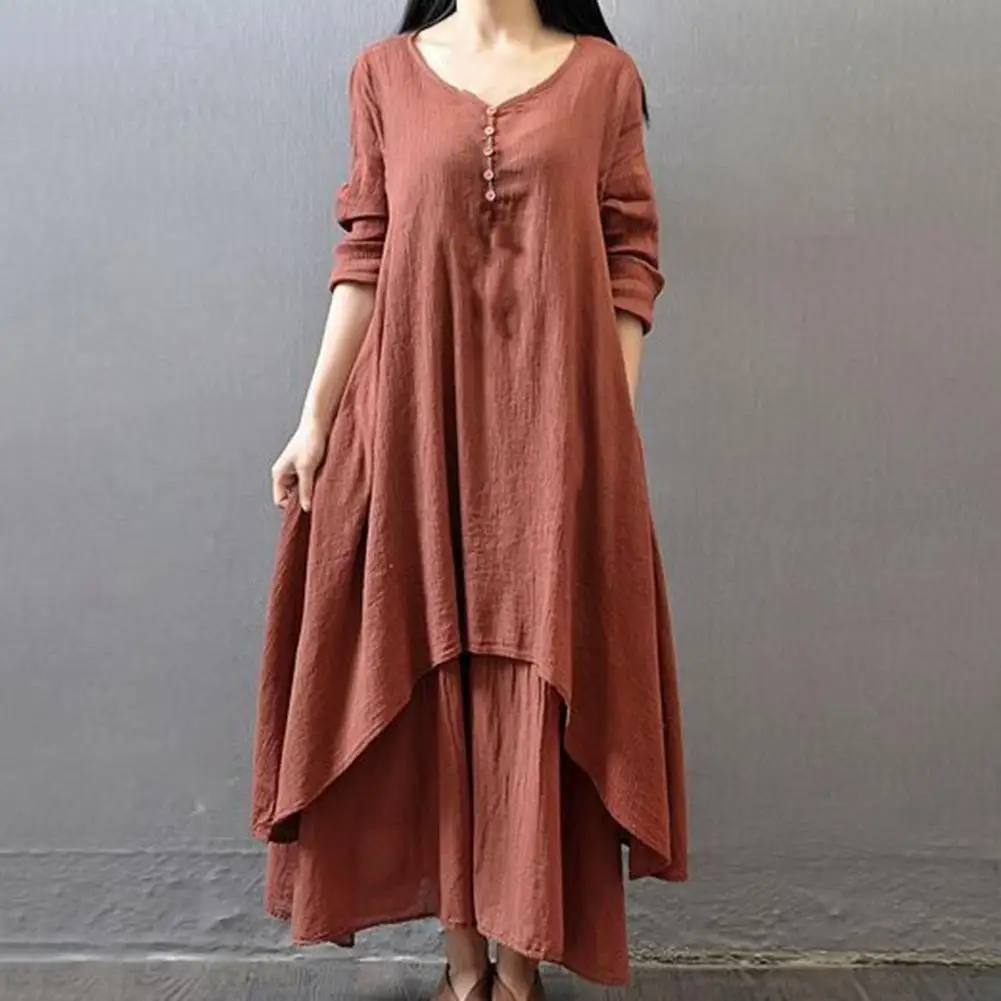 

Vintage Baggy Dress Large Hem False Two Pieces Large Hem Dress V-Neck Skin-friendly Retro Dress for Vacation