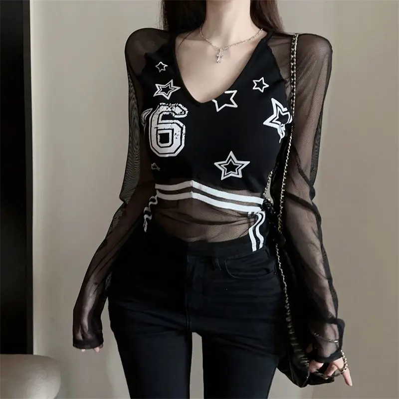 

Summer New Fashion Sexy V-Neck Geometric Printed Spliced Sheer Gauze Hollow Out Slim Long Sleeve Women's Clothing T-shirts Tops