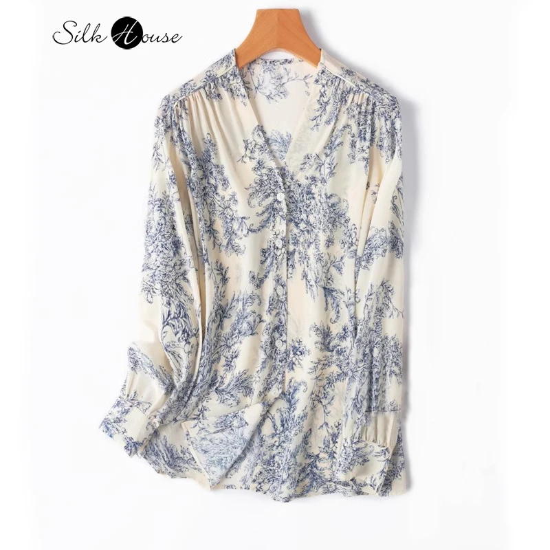 

2024 Women's Fashion New Blue and White Porcelain 100%Natural Mulberry Silk Crepe De Chine V-neck Long Sleeved Straight Shirt