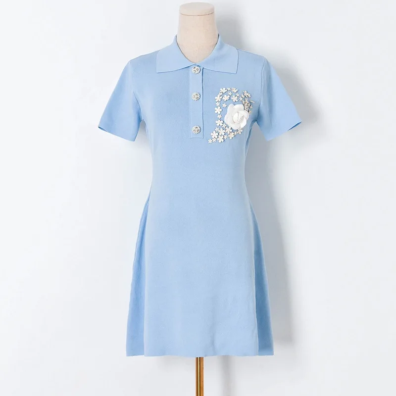 Three-Dimensional Flower Beaded Lapel Short Sleeve Knitted Dress Women Summer Fashion Slim A-Line Dresses s251
Three-Dimensional Flower Beaded Lapel Short Sleeve Knitted Dress Women Summer Fashion Slim A-Line Dresses s251
